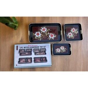 Vtg Japanese Black Lacquer Ware Nesting 3 Piece Tray Set Floral Gold Trim